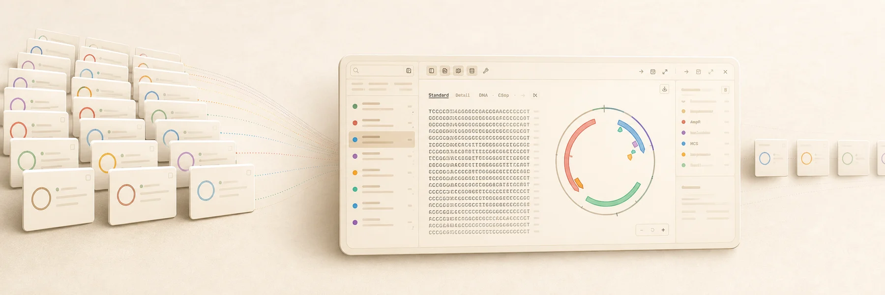 Compact DNA-record cards fan in from the left and converge into one workbench.