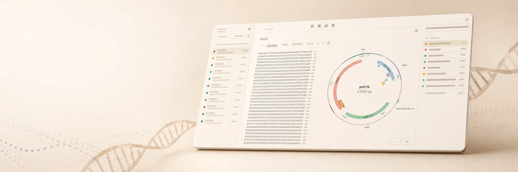 The Motif workbench: a three-pane view with a sequence inventory, a nucleotide sequence pane, and a circular pUC19 plasmid map with labeled features, on a warm cream background.