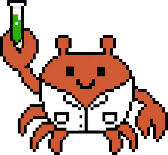Motif's mascot: a pixel-art crab in a lab coat holding a test tube of green liquid.