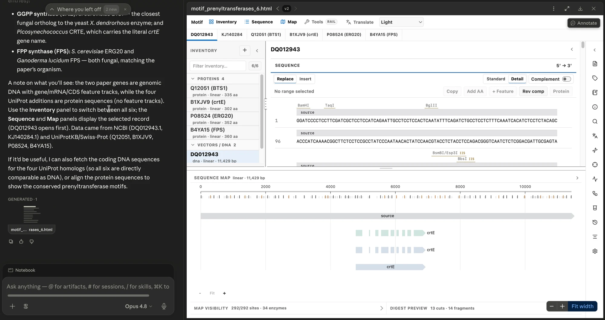 The Motif workbench grown to six records after a follow-up request: the two paper genes as DNA plus four UniProt protein homologs (BTS1, crtE, ERG20, FPS).