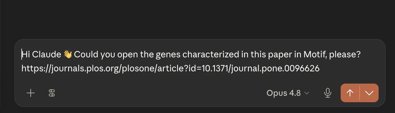A Claude Science prompt asking it to open the genes characterized in a PLOS ONE paper in Motif.