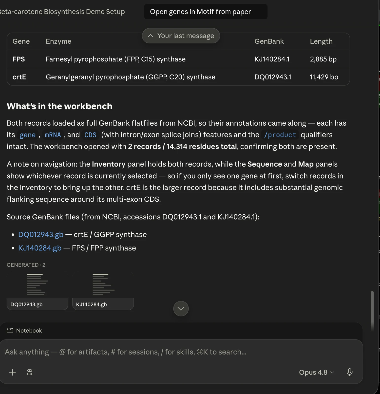 Claude Science listing FPS (KJ140284.1) and crtE (DQ012943.1) with their enzymes and lengths, and reporting the workbench opened with 2 records and 14,314 residues.