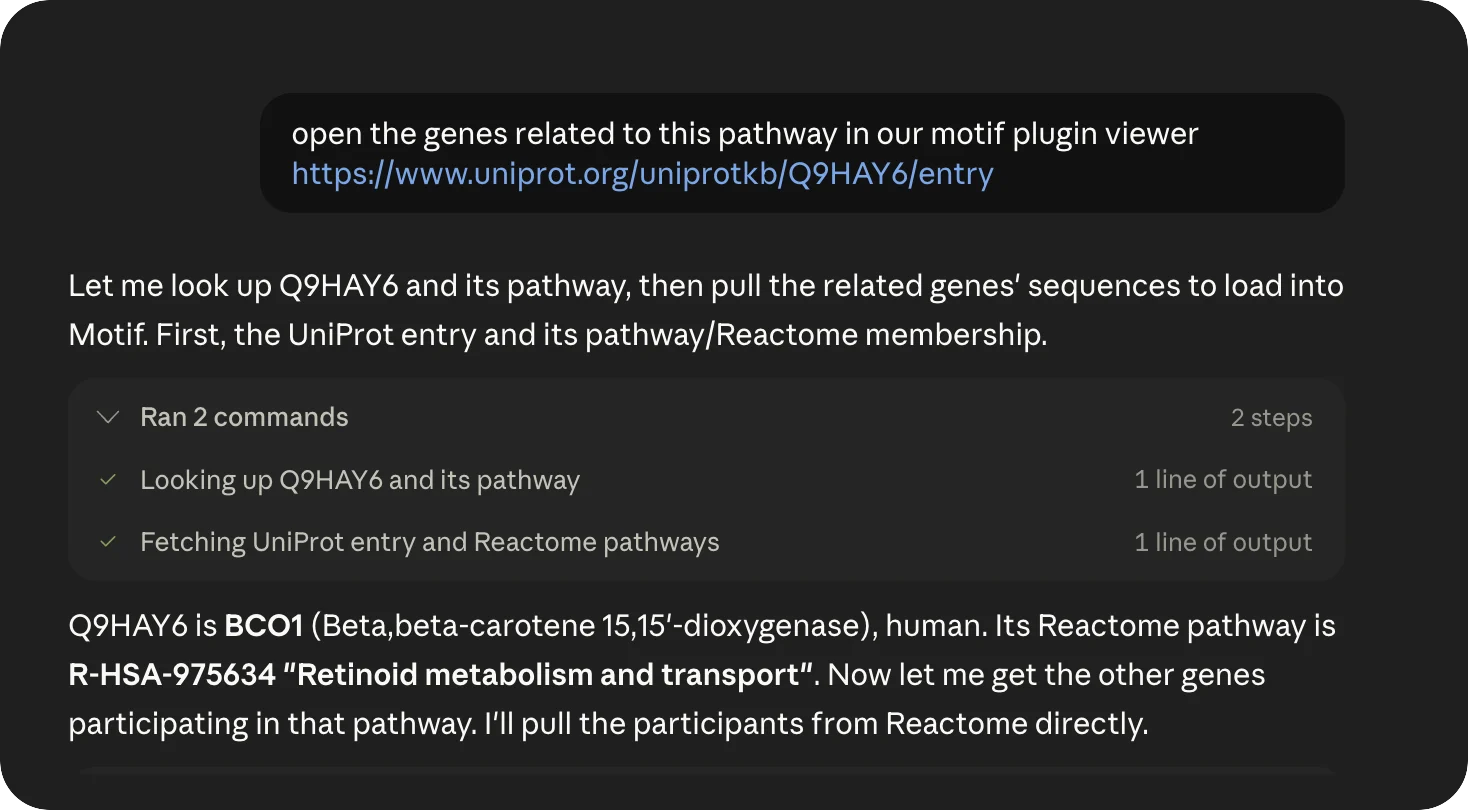 Claude Science reading a UniProt link, identifying BCO1 and its retinoid-metabolism Reactome pathway, and fetching the pathway's genes.