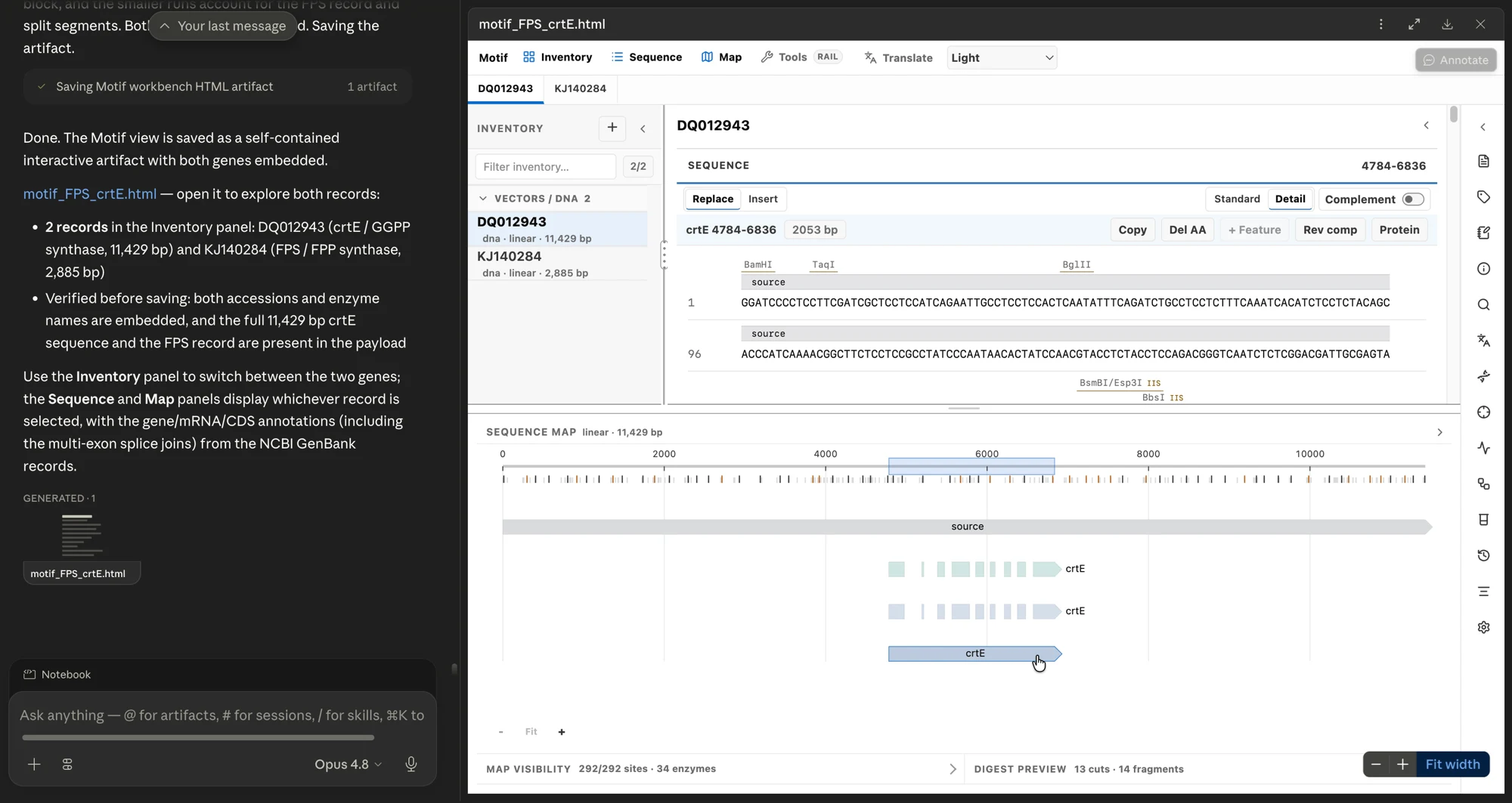 The Motif workbench open in Claude Science's right pane: the crtE record (DQ012943), its sequence with restriction sites, and an 11,429 bp linear map.