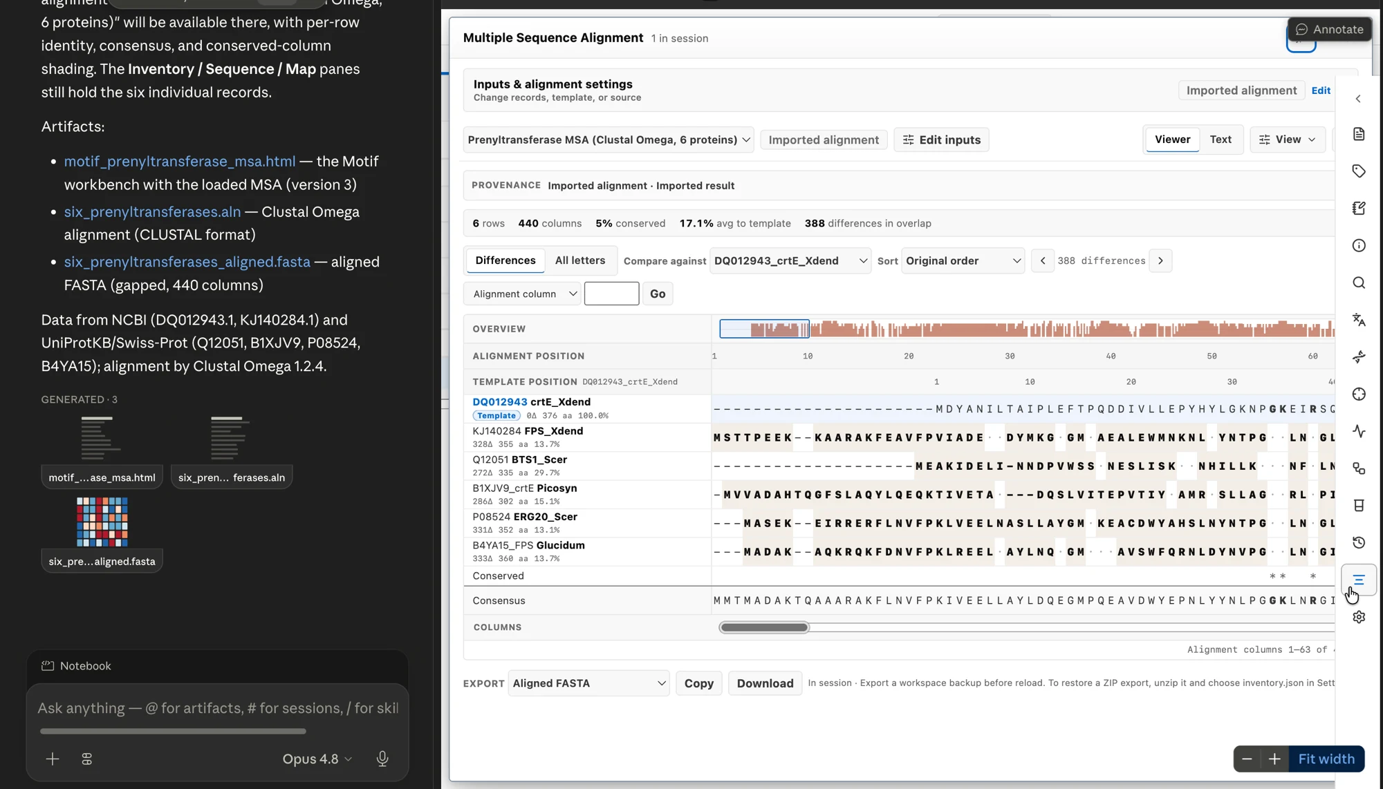 Motif's MSA viewer showing a six-protein Clustal Omega alignment: 6 rows, 440 columns, with per-row identity, consensus, and conserved-column shading.