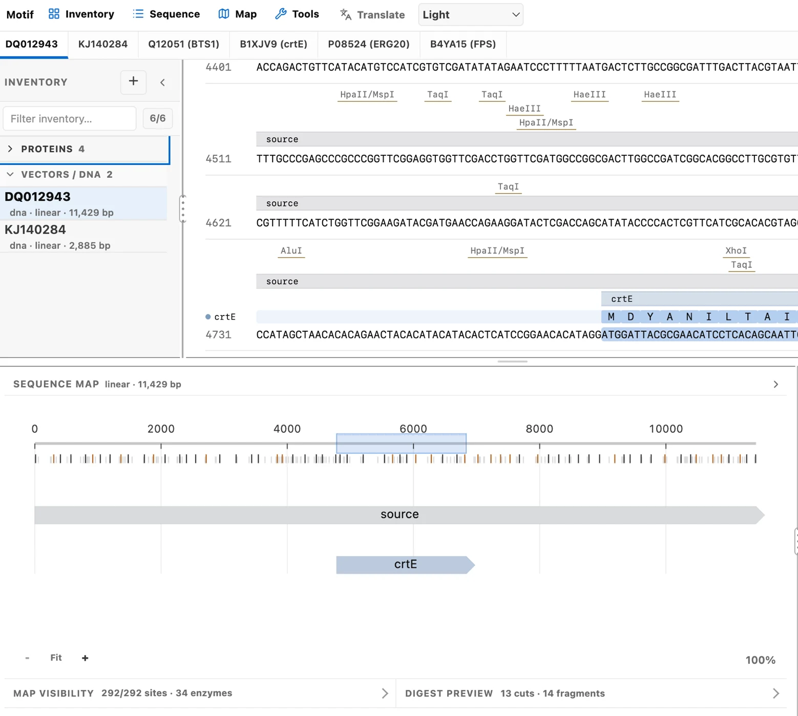 The Motif workbench on an 11,429 bp record: named restriction sites (HpaII/MspI, TaqI, HaeIII, AluI, XhoI) marked on the sequence, a linear map covered in restriction ticks with the crtE feature, and a digest preview reading 13 cuts and 14 fragments across 292 sites and 34 enzymes.