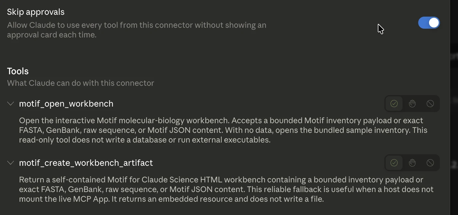 The motif-local connector detail in Claude Science: a Skip approvals toggle and two read-only tools, motif_open_workbench and motif_create_workbench_artifact.