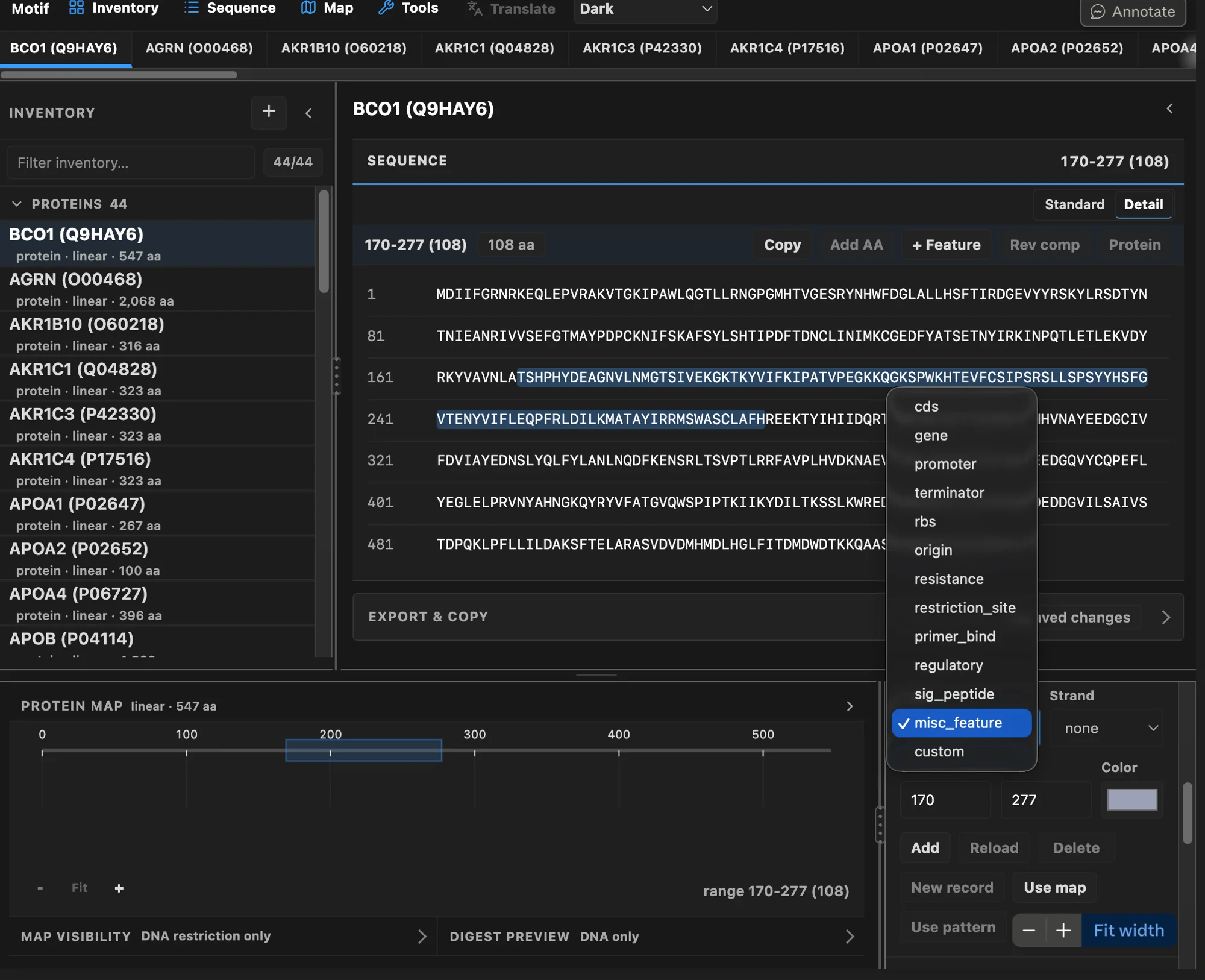 The Motif workbench in dark mode: the BCO1 protein record selected in the inventory, a residue range highlighted in the sequence pane, the protein map showing range 170 to 277, and the Add Feature panel open on misc_feature.