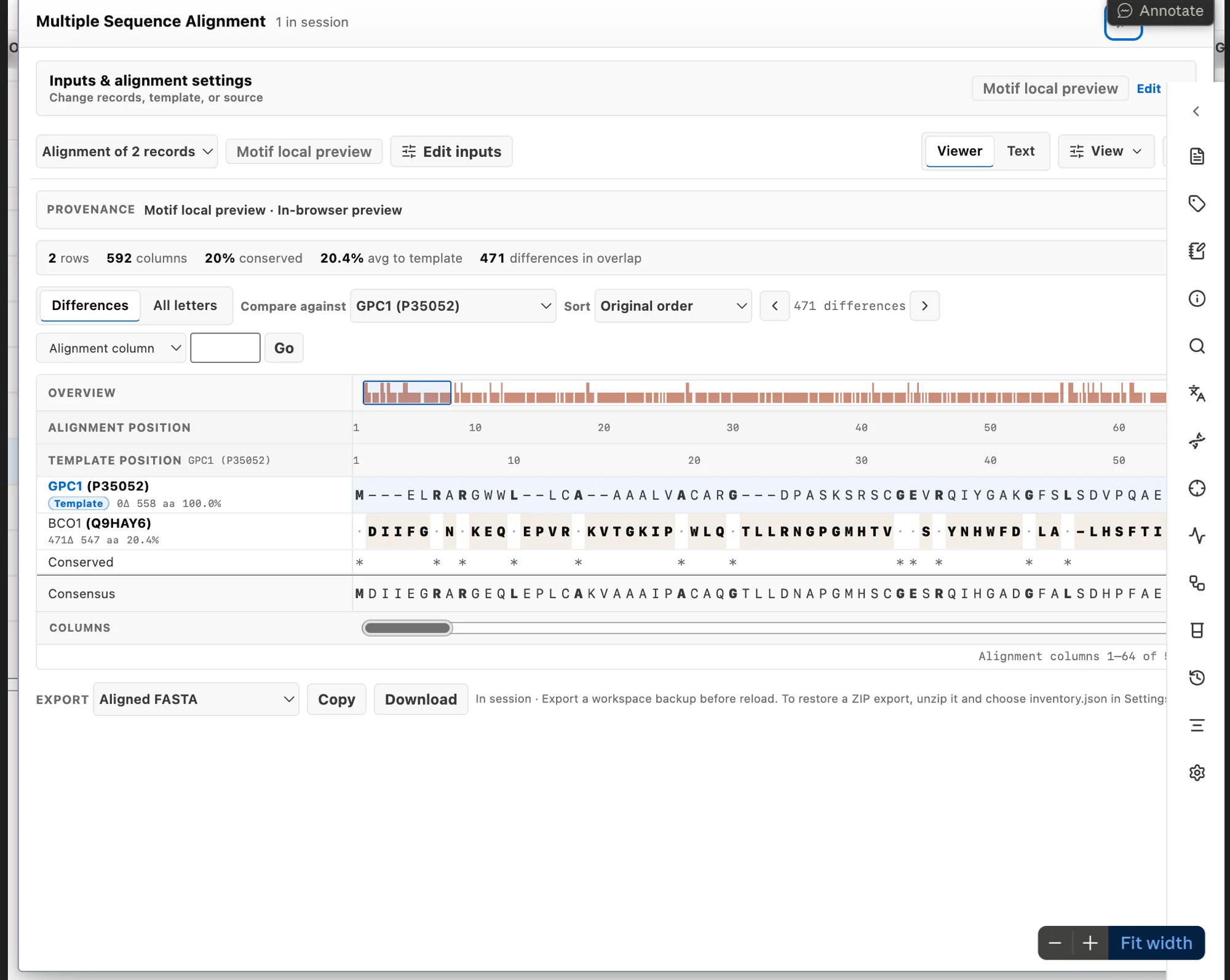 A rendered multiple sequence alignment of BCO1 against GPC1: 592 columns with conserved positions, a consensus row, and per-column differences.
