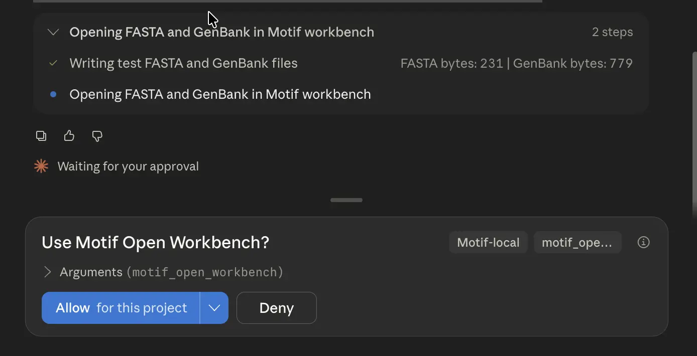 Claude Science asking to run the Motif open workbench tool, with Allow for this project and Deny buttons.