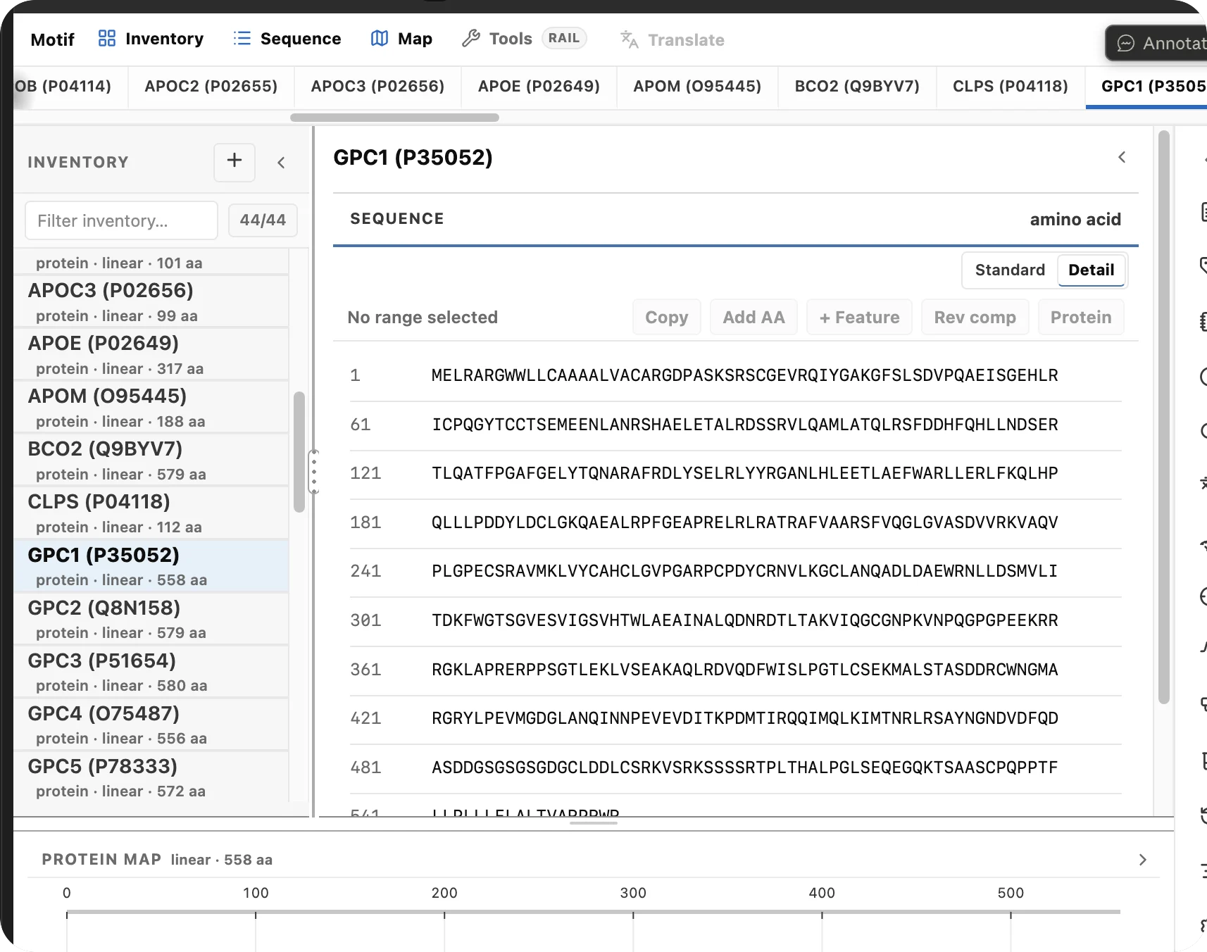 The Motif workbench with 44 pathway proteins in the inventory and GPC1's amino-acid sequence and protein map open.