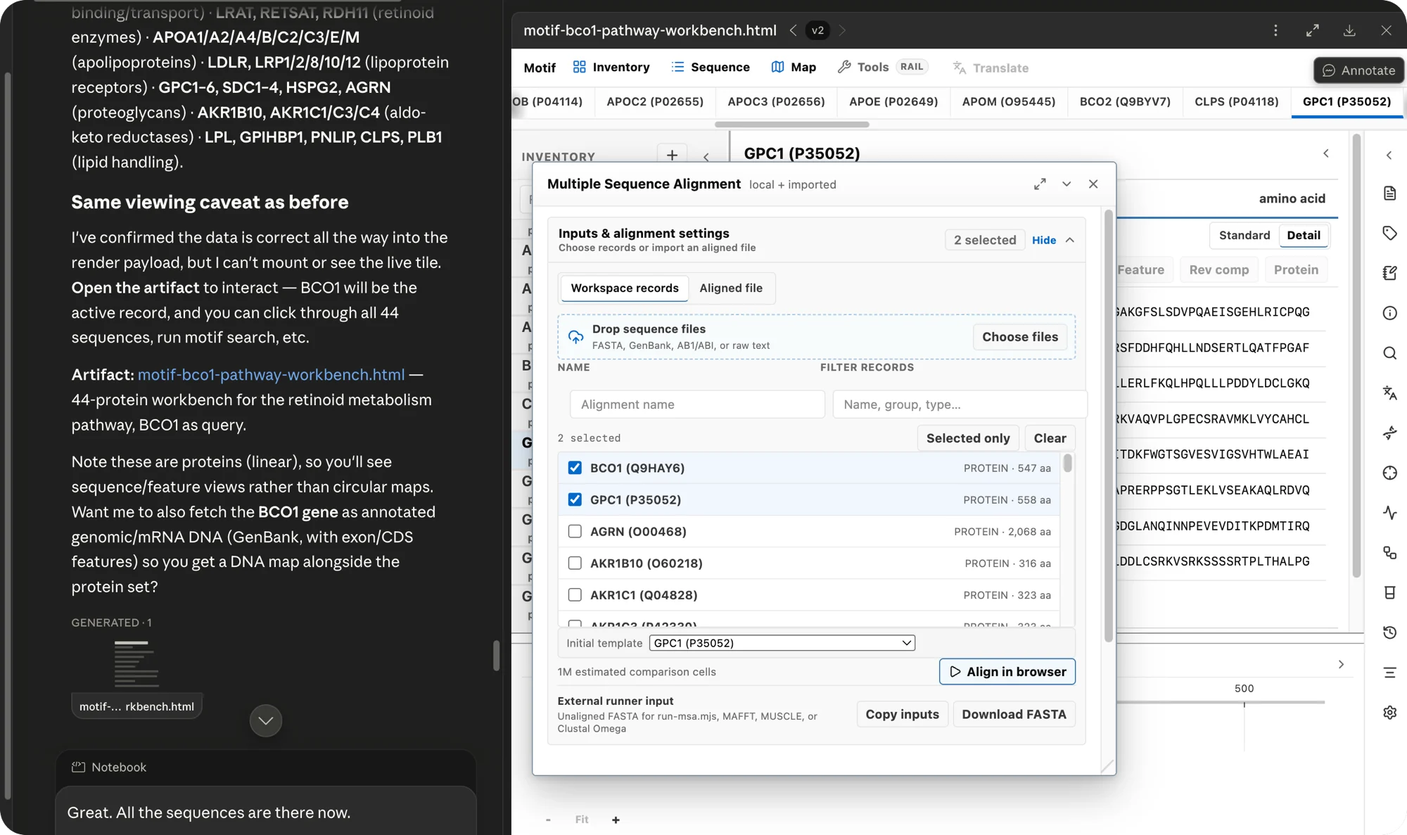 Motif's Multiple Sequence Alignment dialog with pathway proteins selected and options to align in the browser or export to external aligners.