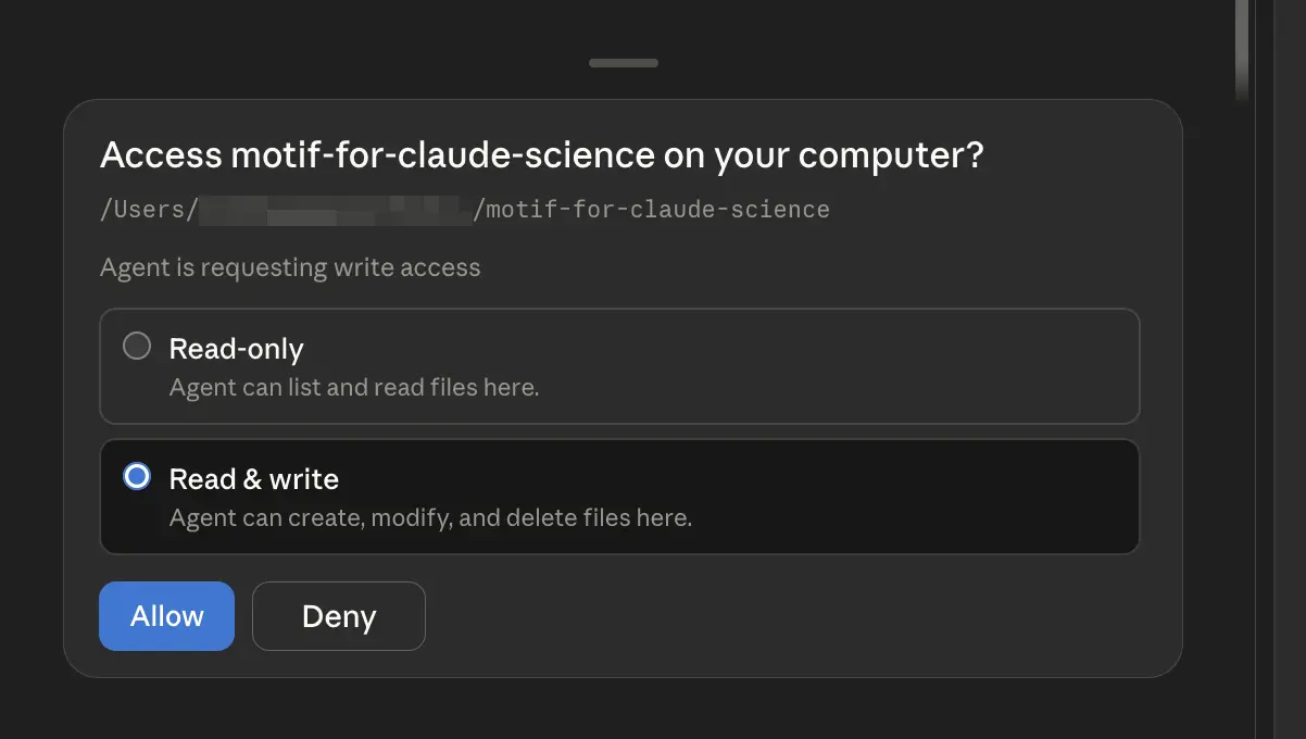 A dialog asking to access the Motif folder on your computer, with read-only and read and write options and Allow and Deny buttons.