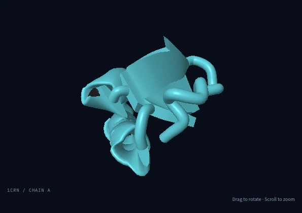 Still render of the crambin backbone as a teal cartoon ribbon on a near-black background, shown before the interactive viewer loads.